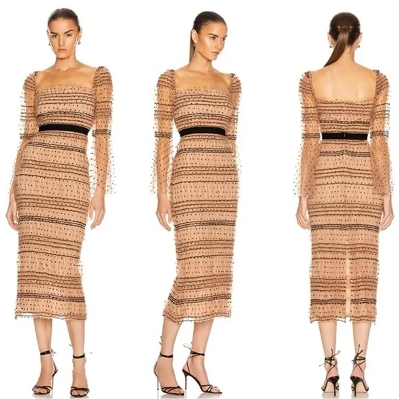 Self-Portrait Shirred Polka Dot Mesh Tulle Cocktail Bodycon Midi Dress size 2 - Picture 4 of 16